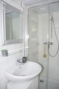 ein weißes Bad mit einem Waschbecken und einer Dusche in der Unterkunft Cosy forest hideout @ Veluwe in Putten