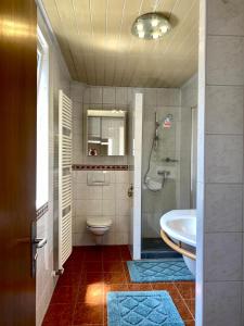een badkamer met een toilet, een wastafel en een bad bij Ferienwohnung am Tabor in Bad Radkersburg