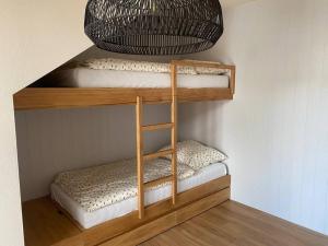 a bunk bed with a basket on top of it at Slunečný dům s klimatizací s výhledem na Pálavu in Brod nad Dyjí