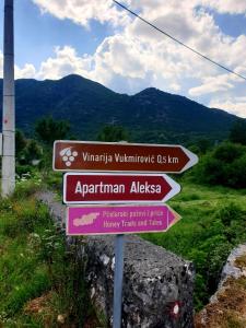 a street sign with several signs on a mountain at Aleksa in Cetinje