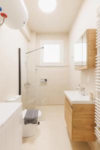 アテネにあるFully renovated luxurious semi-basement studioの白いバスルーム(シャワー、シンク付)