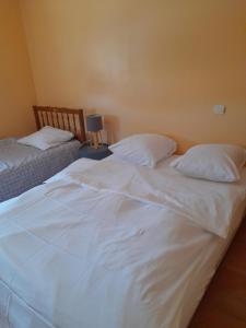een slaapkamer met 2 bedden met witte lakens en kussens bij Villa natasa in Saint-Laurent-de-la-Salanque