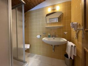 a bathroom with a sink and a shower at Pension Terra in Neustift im Stubaital