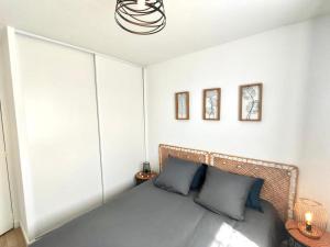 a bedroom with a large bed with blue pillows at Cosy F2 à proximité de PARIS in Savigny-sur-Orge
