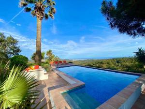 een zwembad met een palmboom op de achtergrond bij Villa Secret Paradise, Costa Brava in Lloret de Mar