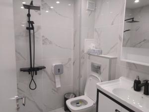 Апартамент Яница في رازلوغ: حمام ابيض مع مرحاض ومغسلة
