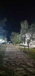 a stone path with trees in a park at night at La Casa al Mare in Peschici