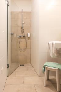 a bathroom with a shower with a glass door at Seminarzentrum Stift Schlägl in SchlÃ¤gl