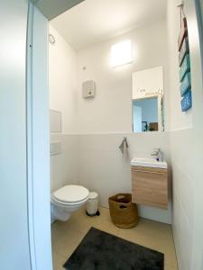 een badkamer met een toilet, een wastafel en een spiegel bij Danuberoom in Wenen