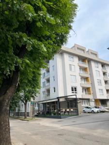 a large white building on a street with a tree at Lilly LuX Big Luxury Apartment with Free Parking and garage in Bijeljina