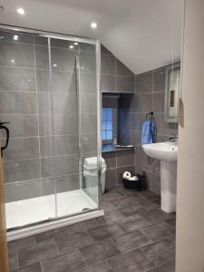 W łazience znajduje się prysznic, toaleta i umywalka. w obiekcie Amazing coastal & sunset views in Eryri (Snowdonia) w mieście Llanllyfni