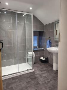 a bathroom with a shower and a toilet and a sink at Amazing coastal & sunset views in Eryri (Snowdonia) in Llanllyfni