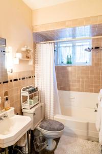 a bathroom with a toilet and a tub and a sink at CHARMING EXECUTIVE VICTORIAN MANSION w/ FREE PARKING - near Bucknell in Milton