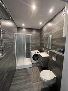 uma casa de banho com um WC, um lavatório e um chuveiro em Теремки em Kiev