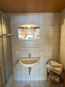a bathroom with a sink and a mirror at Gästehaus Nussbaumer in Balderschwang