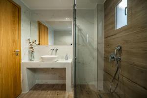 a bathroom with a sink and a shower with a mirror at Jarko Luxury Houses in Argoulidhés