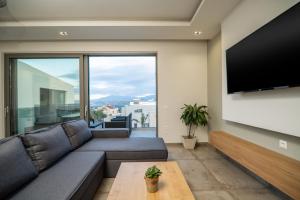 un soggiorno con divano e TV a schermo piatto di Jarko Luxury Houses a Argoulidhés