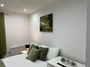 Central Harrow Cozy Apartment with free parking في Harrow on the Hill: غرفة نوم بسرير ودهان على الحائط