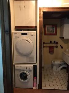 a small bathroom with a washing machine and a toilet at Charming Apartment ideal for families in Megève