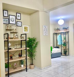 a room with shelves with plants and a bed at George Airport Apartments in Heraklio Town
