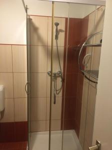 a shower with a glass door in a bathroom at Bükk Vendeghaz in Noszvaj