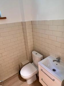 a bathroom with a white toilet and a sink at Farm hostel - The hause 1 in Elektrėnai