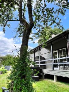 a house with a tree in front of it at Farm hostel - The hause 1 in Elektrėnai