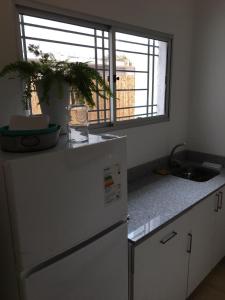a kitchen with a refrigerator and a sink and a window at Sweet Home in Durazno