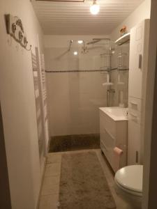 La salle de bains blanche est pourvue d'une douche et de toilettes. dans l'établissement Nouveau - La grange de Saint-Sulpice, à Bellengreville