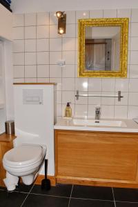 a bathroom with a toilet and a sink and a mirror at Appartement moderne vue imprenable in Villard-Reculas