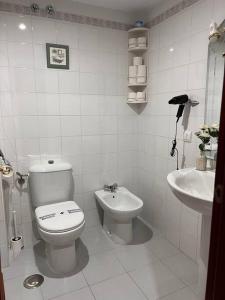 La salle de bains blanche est pourvue de toilettes et d'un lavabo. dans l'établissement Increíble Apartamento Familiar, à Mairena del Aljarafe