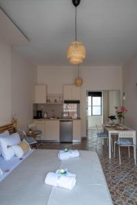 ein Wohnzimmer mit einem Sofa und einem Tisch sowie eine Küche in der Unterkunft Four Seasons in Chania