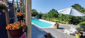a house with a swimming pool and a patio with flowers at Gite Mimosa in Saint-Florent-des-Bois