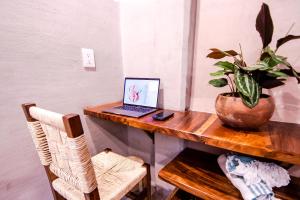 un ordenador portátil en un escritorio de madera con una maceta en Nectar Hotel, Cafe, Cowork - Adults Only en Puerto Escondido