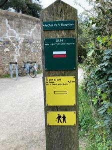 a sign on a wooden pole with a sign for pedestrians at La petite chaumine in Saint-Nazaire