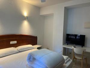 a bedroom with a bed and a desk and a television at Hostal la Embajada in Talavera de la Reina