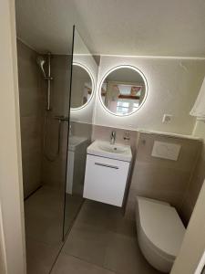 ein Bad mit einer Dusche, einem WC und einem Waschbecken in der Unterkunft stattHotel in Zürich