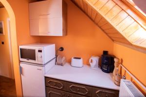 W kuchni znajduje się biała lodówka i kuchenka mikrofalowa. w obiekcie Farkas Guesthouse w mieście Balatonszentgyörgy