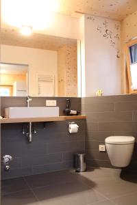 a bathroom with a sink and a toilet and a mirror at ZeiTraum Ferienwohnung Braunhörnle in Elzach