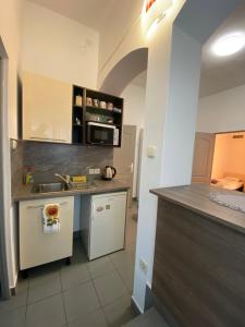 a kitchen with a sink and a microwave at Tocc Apartman in Gyál