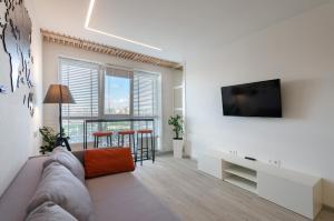 a living room with a couch and a flat screen tv at 16154 Cozy apartment nearby with Central Railway Station in Kyiv