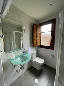 bagno con lavandino, servizi igienici e specchio di Apartamentos Casa Miño a Pola de Somiedo