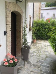 um pátio com vasos de plantas ao lado de um edifício em Il Casolare em Cantalupo nel Sannio