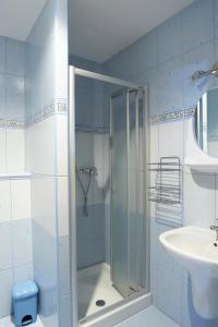 a bathroom with a shower and a sink at Apartmány Fišerovi in Vysoké nad Jizerou