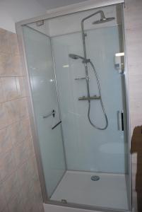 a shower with a glass door in a bathroom at Hôtel Des Voyageurs in Bellevue-la-Montagne