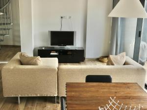 sala de estar con 2 sofás y TV en Up iConik, en Aveiro
