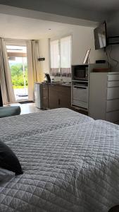 a bedroom with a large bed and a kitchen at studio in Arnos