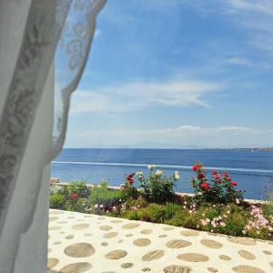 a view of the ocean from a patio with flowers at Ithaca in Perdika