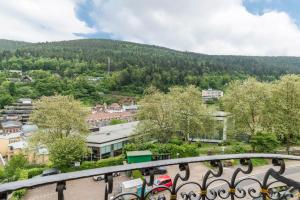 a view of a city with a mountain in the background at Ferienwohnung Saline in Bad Wildbad