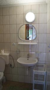 y baño con lavabo, espejo y aseo. en Gospodarstwo Agroturystyczne Na Górce Domek 1, en Myczkowce